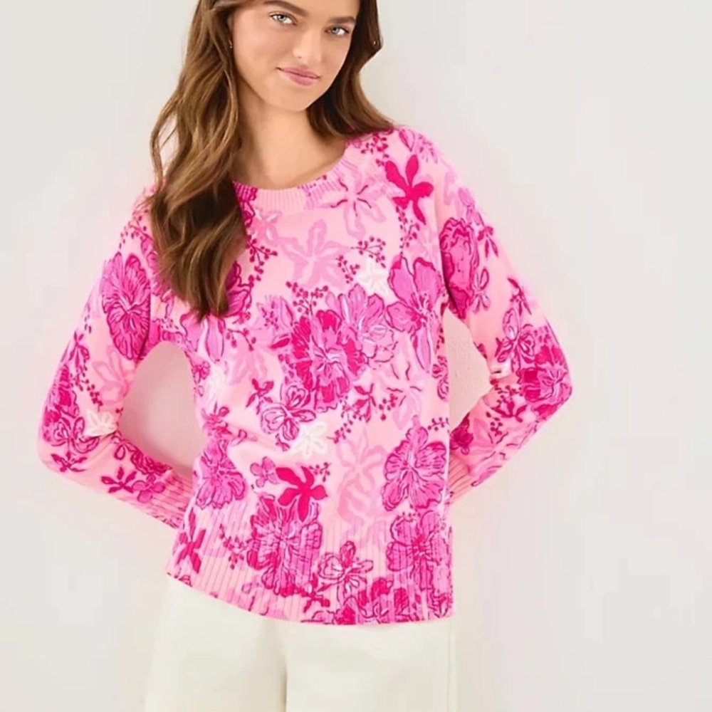 Lilly Pulitzer Salima Sweater Parigi Pink Supporting Squad Floral Sz Small